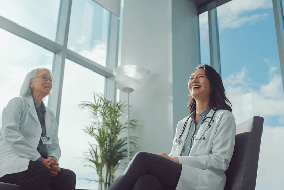 Two doctors conversing in a bright office